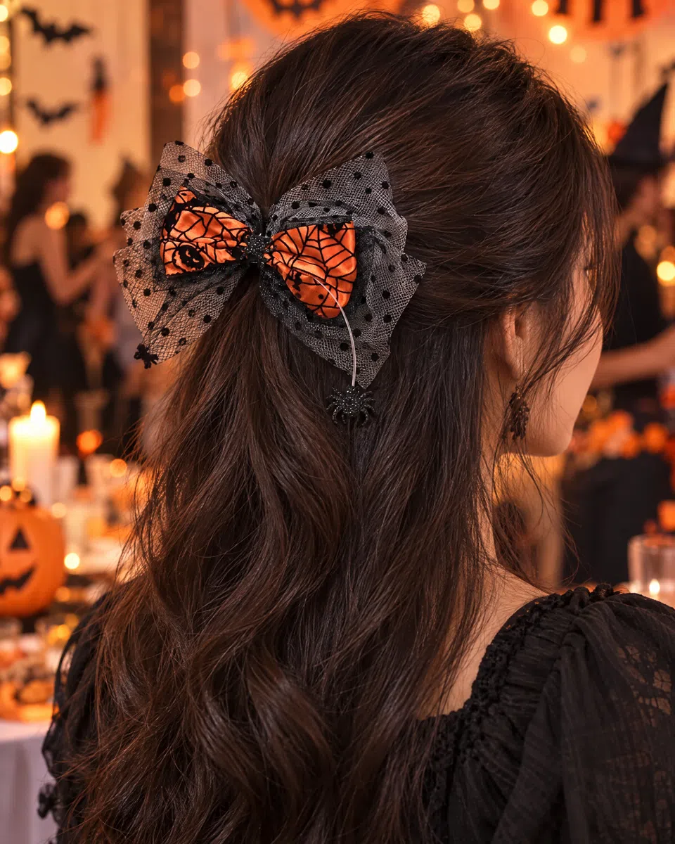 The bow in a woman's long, wavy half-up hair, at a Halloween party