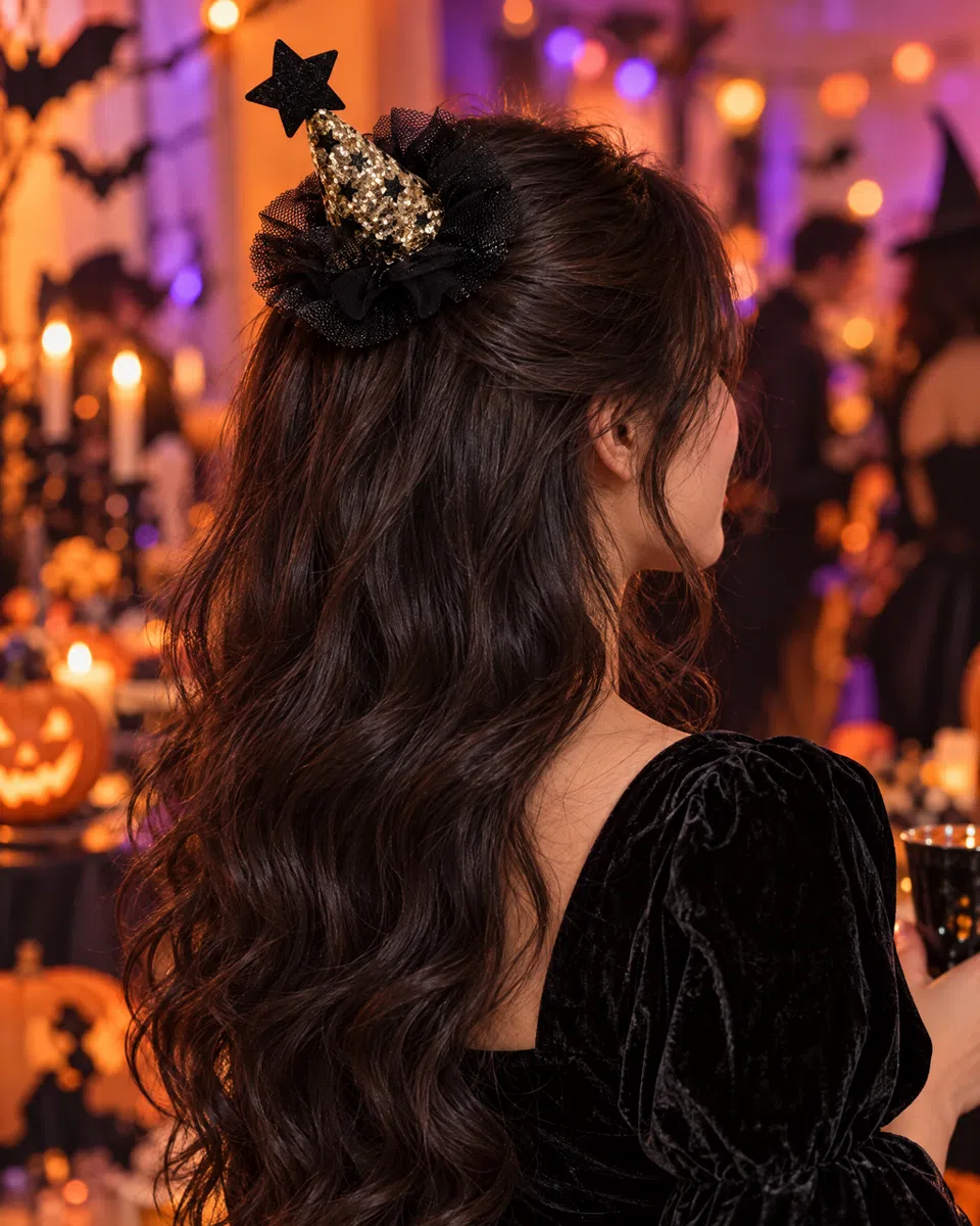 The witch hat at the crown of a woman's long, wavy half-up hair, at a Halloween party