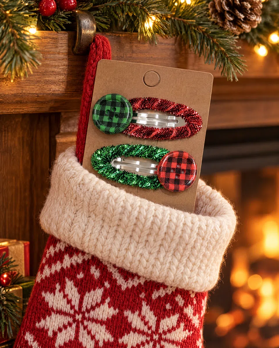 The clips on a card, tucked into a Christmas stocking by the fire