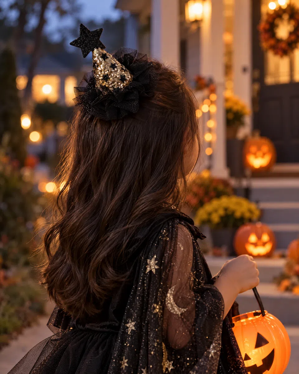 The witch hat in a girl's long, wavy hair as she goes trick-or-treating in a starry cape