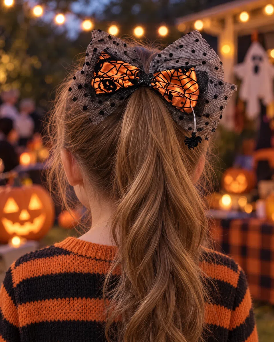 The bow on a girl's high ponytail, above an orange and black striped jumper