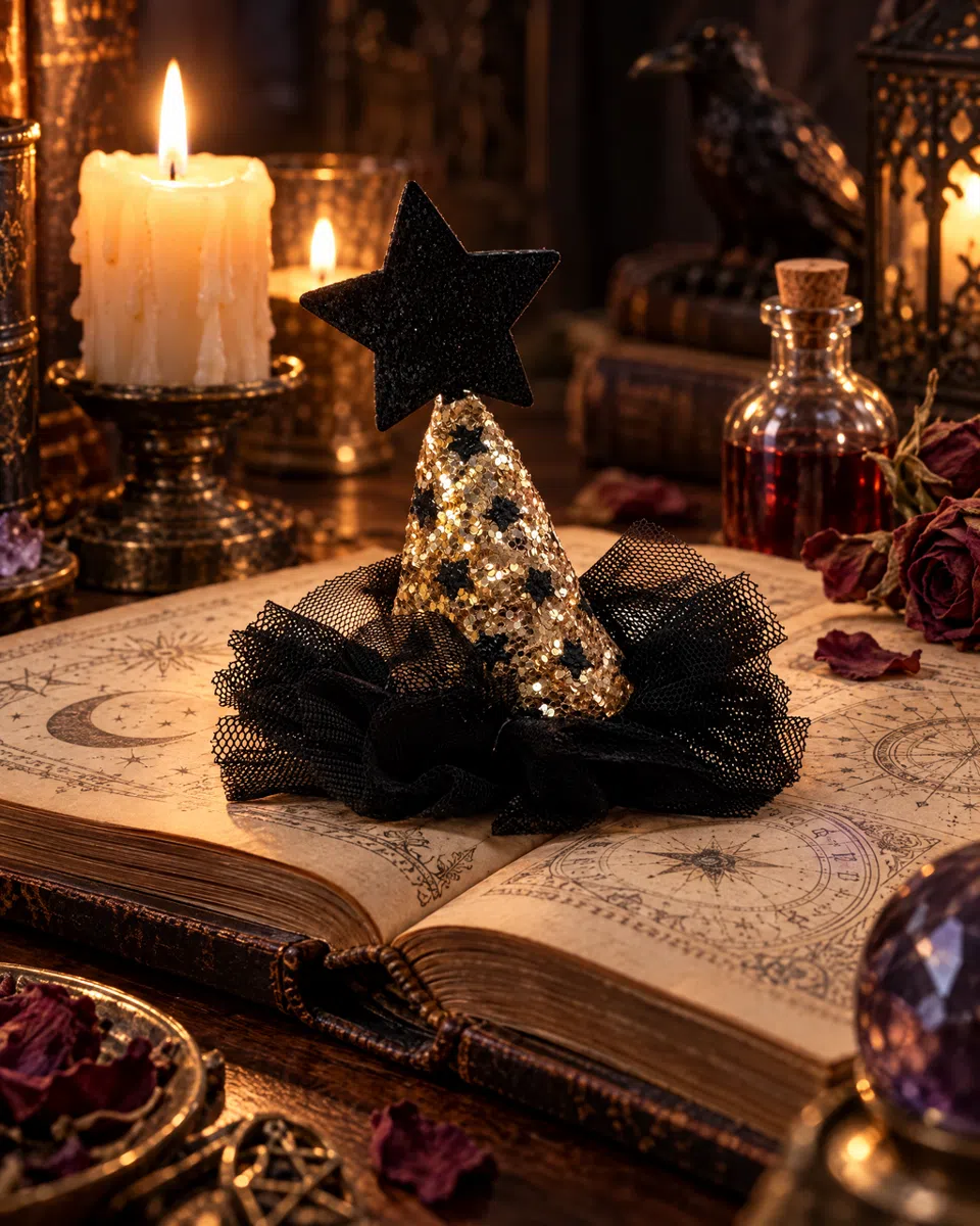 The witch hat on an old open book of star charts, by candlelight, with a little bottle and dried roses