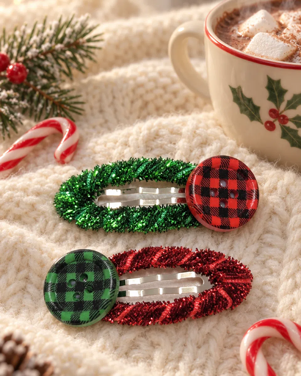 The clips on a cream knit, beside a mug of hot chocolate and candy canes
