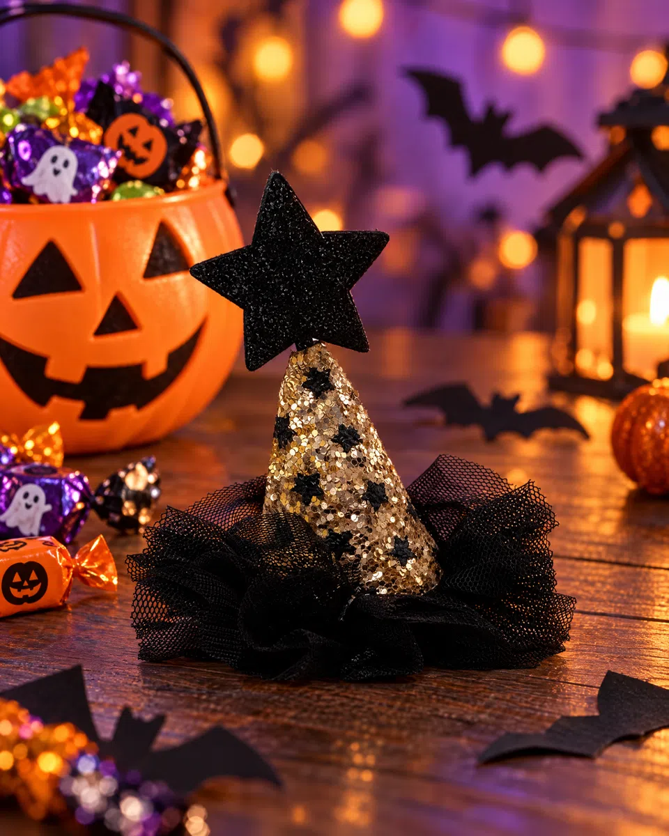 The witch hat on a wooden table beside a jack-o'-lantern bucket of wrapped lollies, paper bats and a lantern