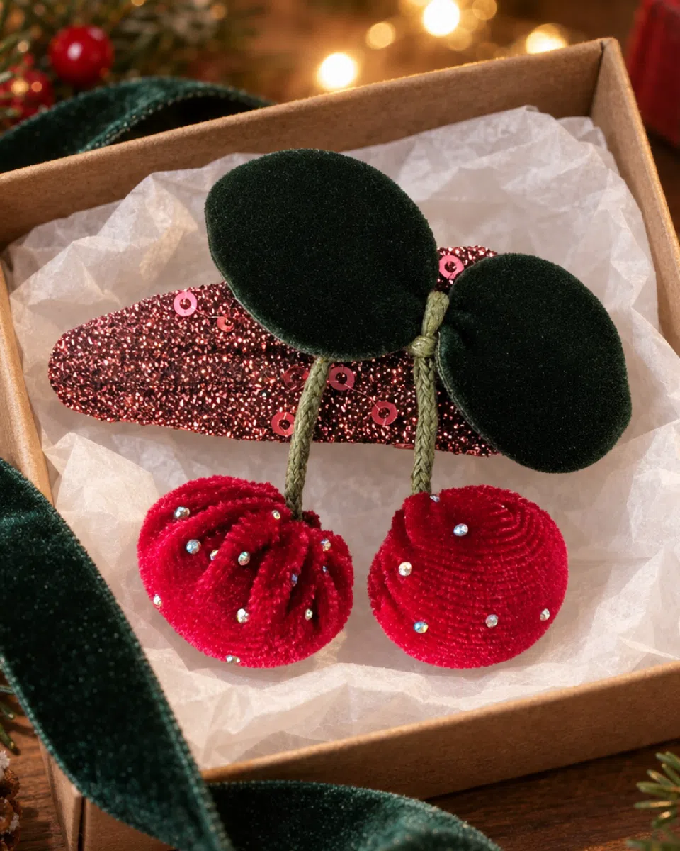 The cherry clip in a gift box, with Christmas greenery and fairy lights