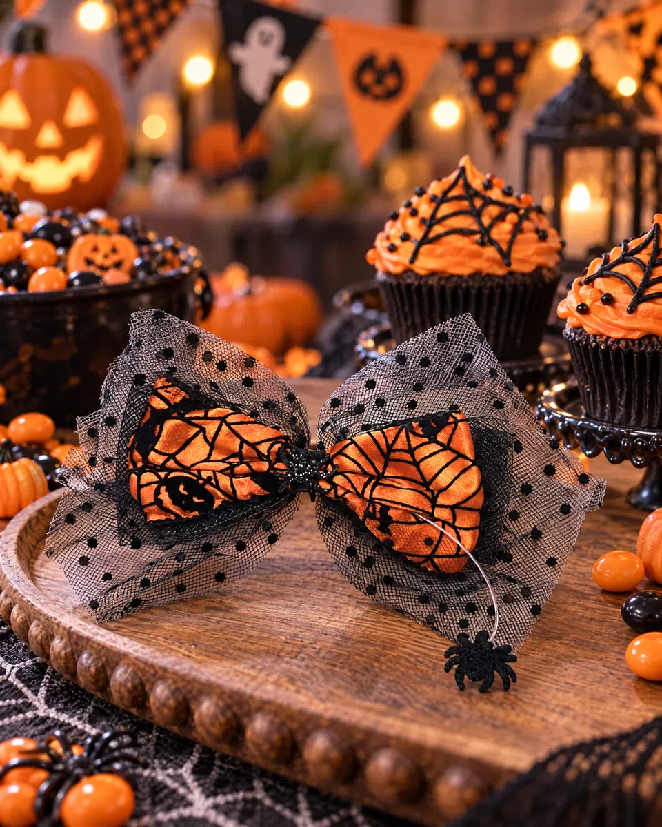 The bow on a wooden board among spiderweb cupcakes, orange lollies and mini pumpkins