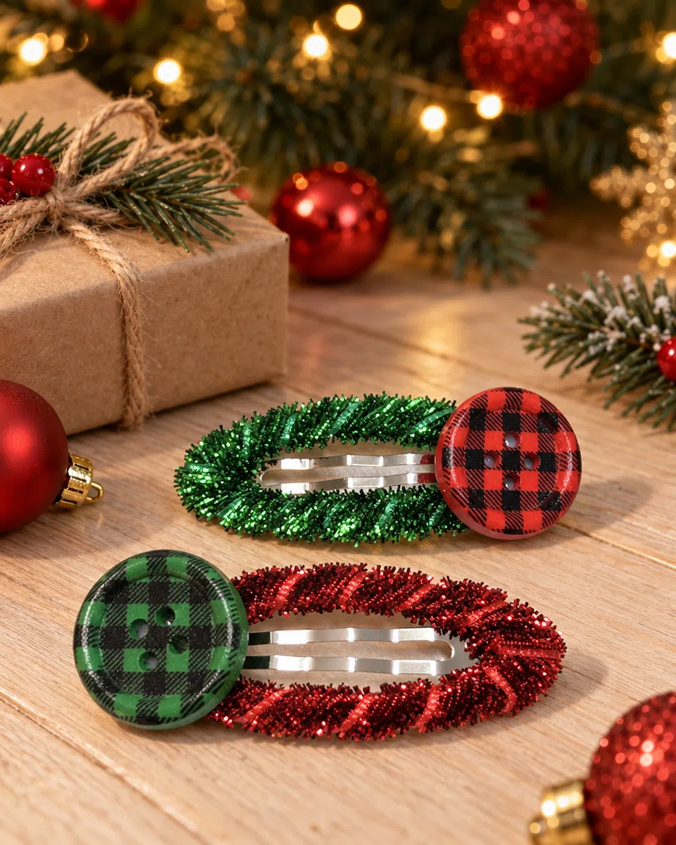 The clips on a wooden table with a wrapped gift, baubles and fairy lights